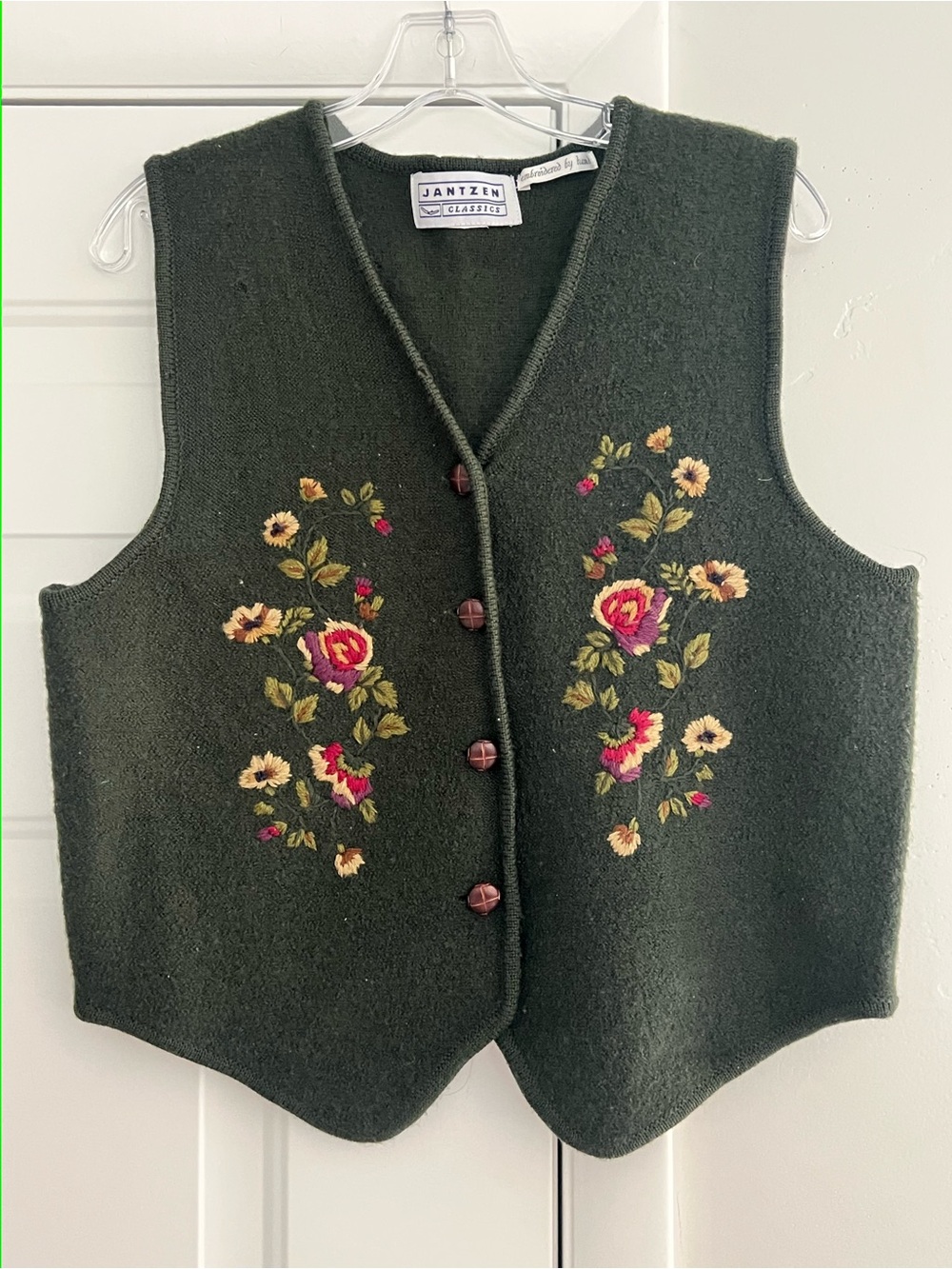 Jantzen Dark Green Wool Vest with Embroidered Floral Accents